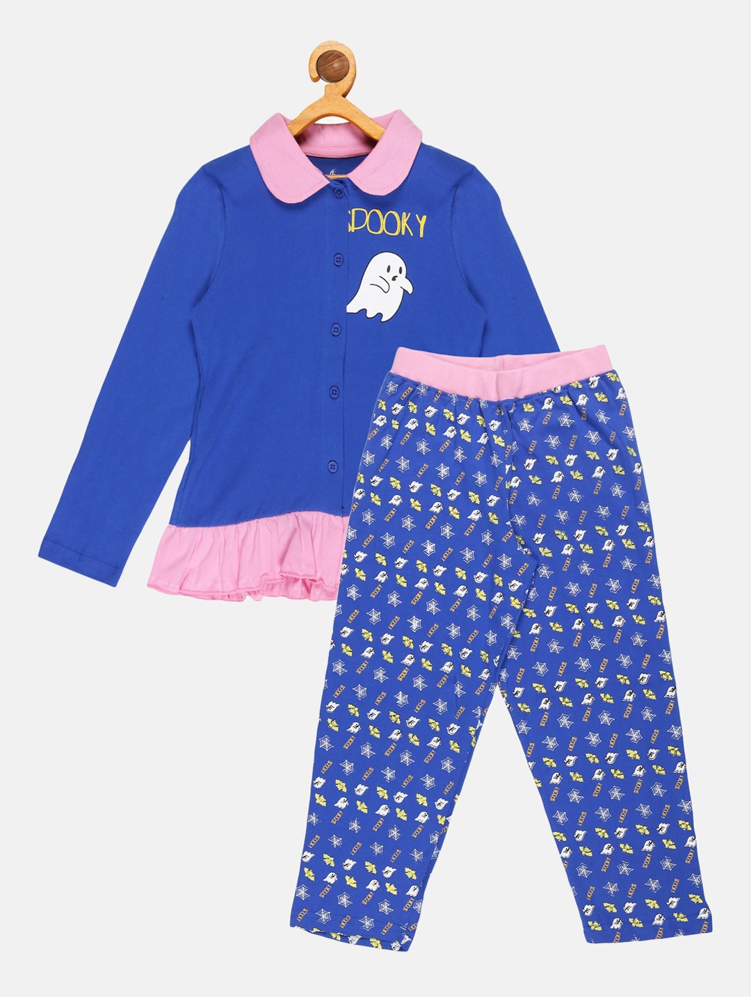 

KiddoPanti Girls Conversational Printed Pure Cotton Night Suit, Blue