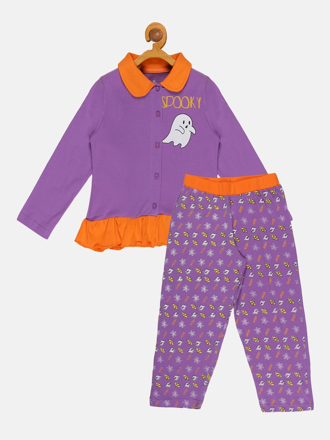 

KiddoPanti Girls Conversational Printed Pure Cotton Night Suit, Purple