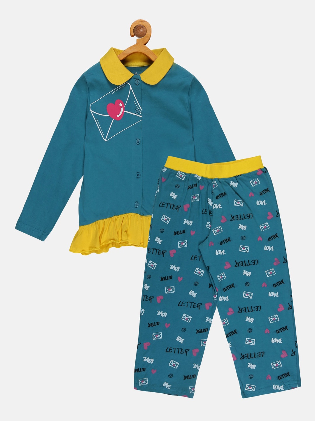 

KiddoPanti Girls Printed Pure Cotton T-shirt with Pyjama, Teal