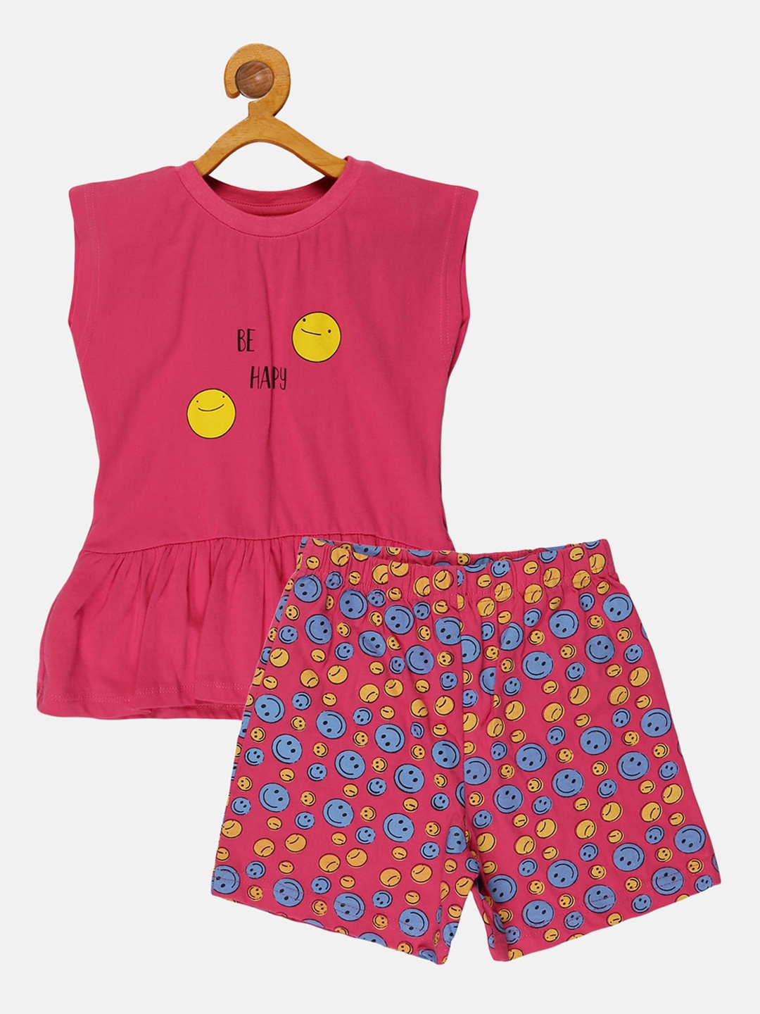 

KiddoPanti Girls Printed Pure Cotton Top with Shorts, Pink