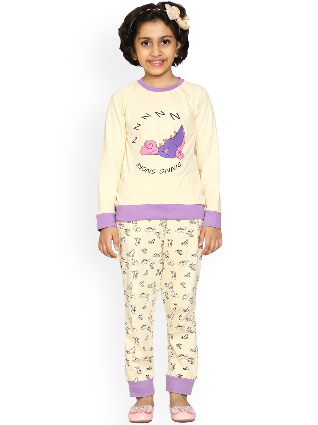 

KiddoPanti Girls Graphic Printed Pure Cotton T-Shirt with Joggers, Beige