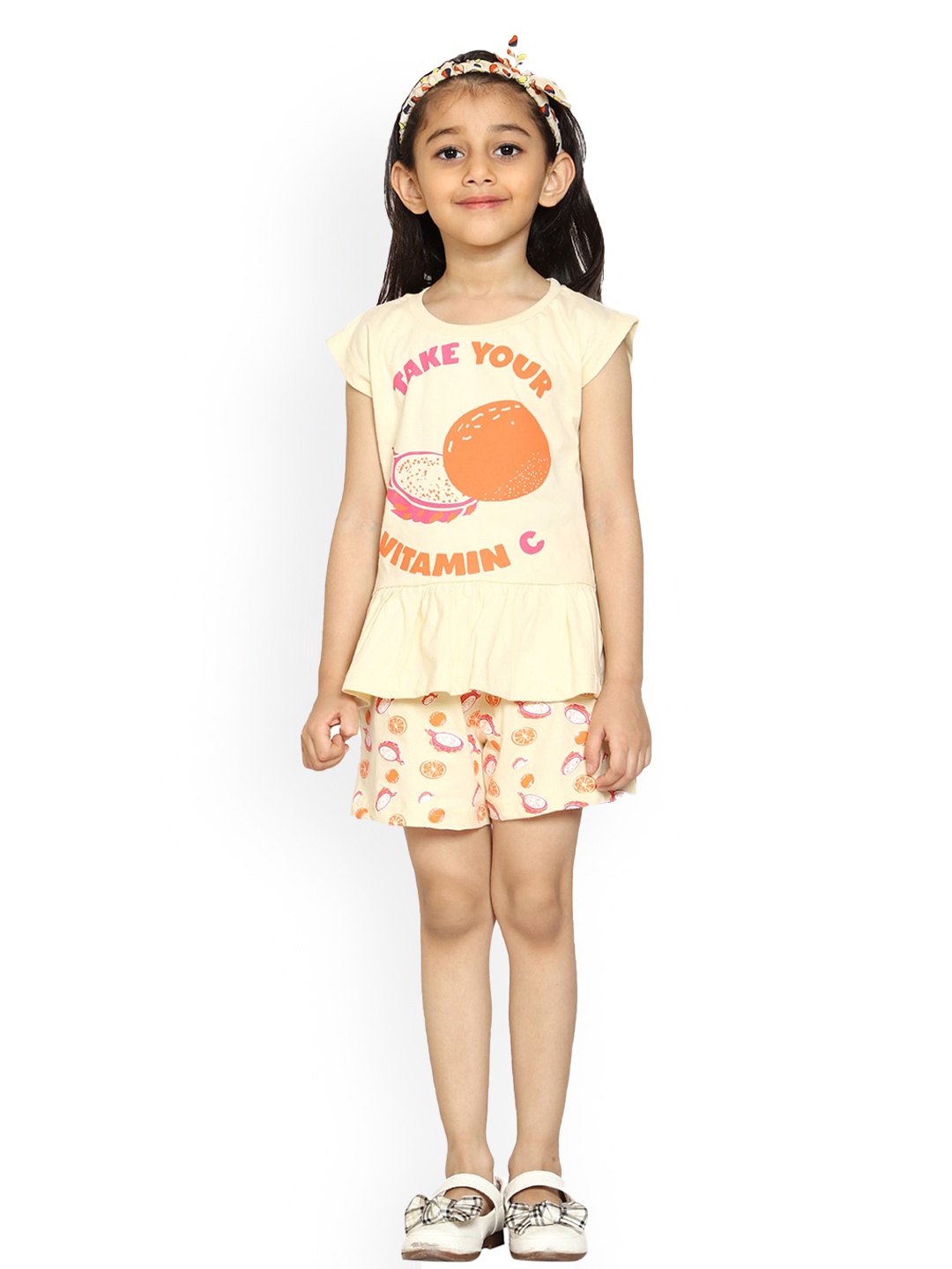 

KiddoPanti Girls Printed Cotton Top with Shorts Set, Beige