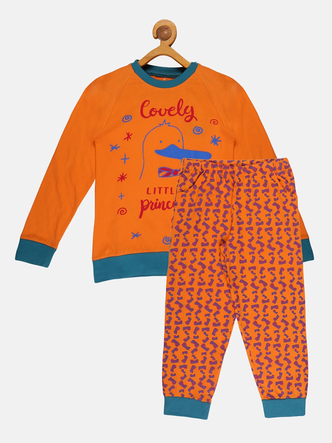 

KiddoPanti Girls Printed Cotton T-Shirt with Pyjamas Set, Orange