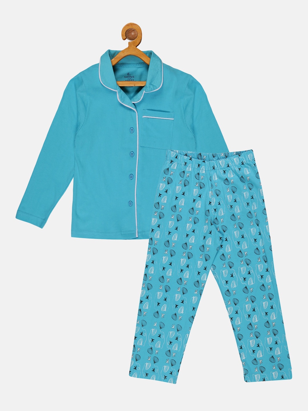 

KiddoPanti Girls Conversational Printed Pure Cotton Night Suit, Blue