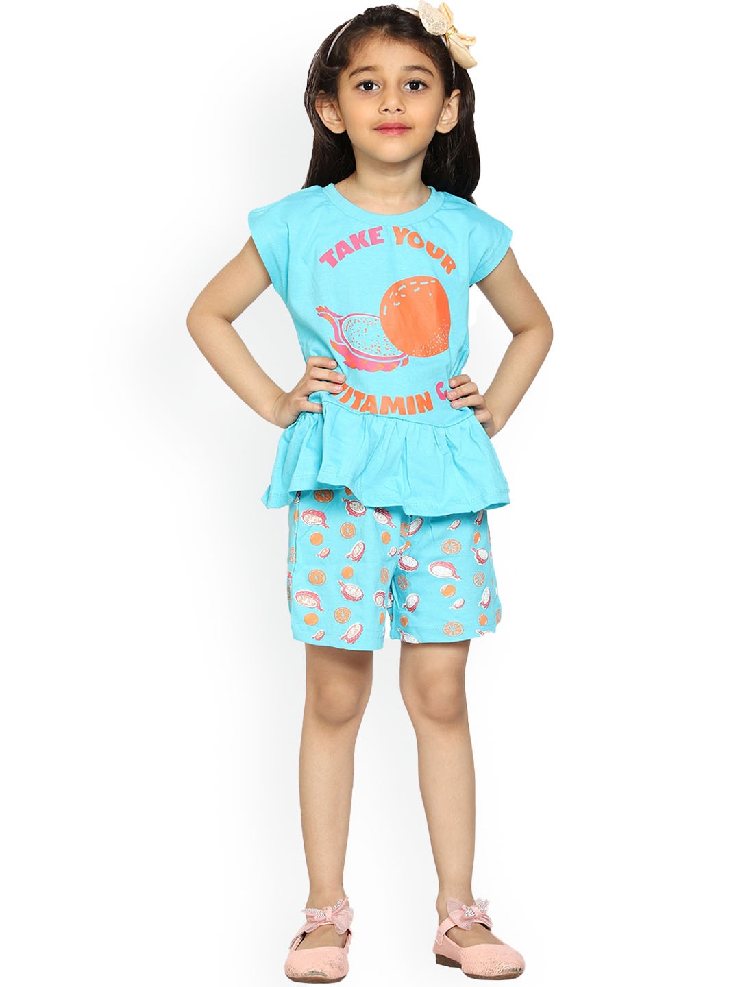 

KiddoPanti Girls Printed Pure Cotton Top with Shorts Set, Blue