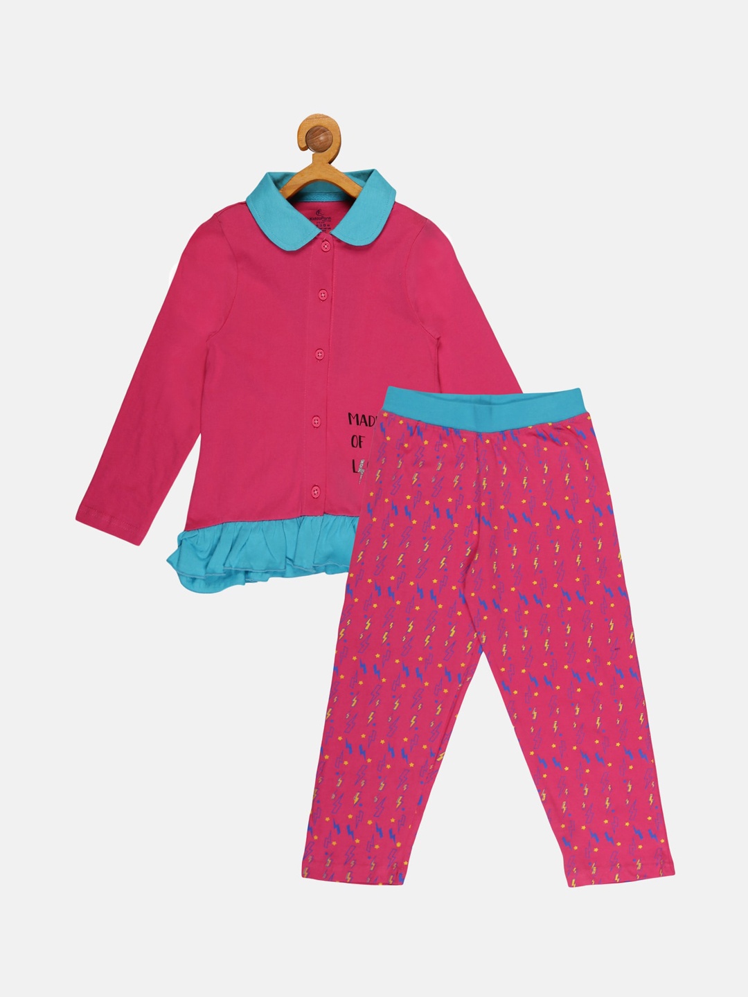 

KiddoPanti Girls Printed Cotton Shirt with Pyjamas Set, Pink