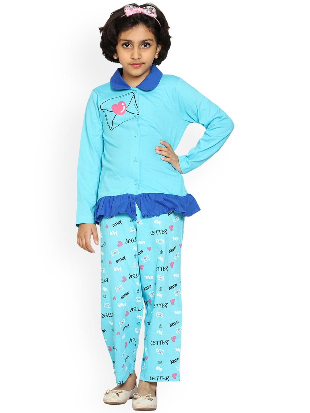 

KiddoPanti Girls Printed Cotton Shirt with Pyjamas Set, Blue