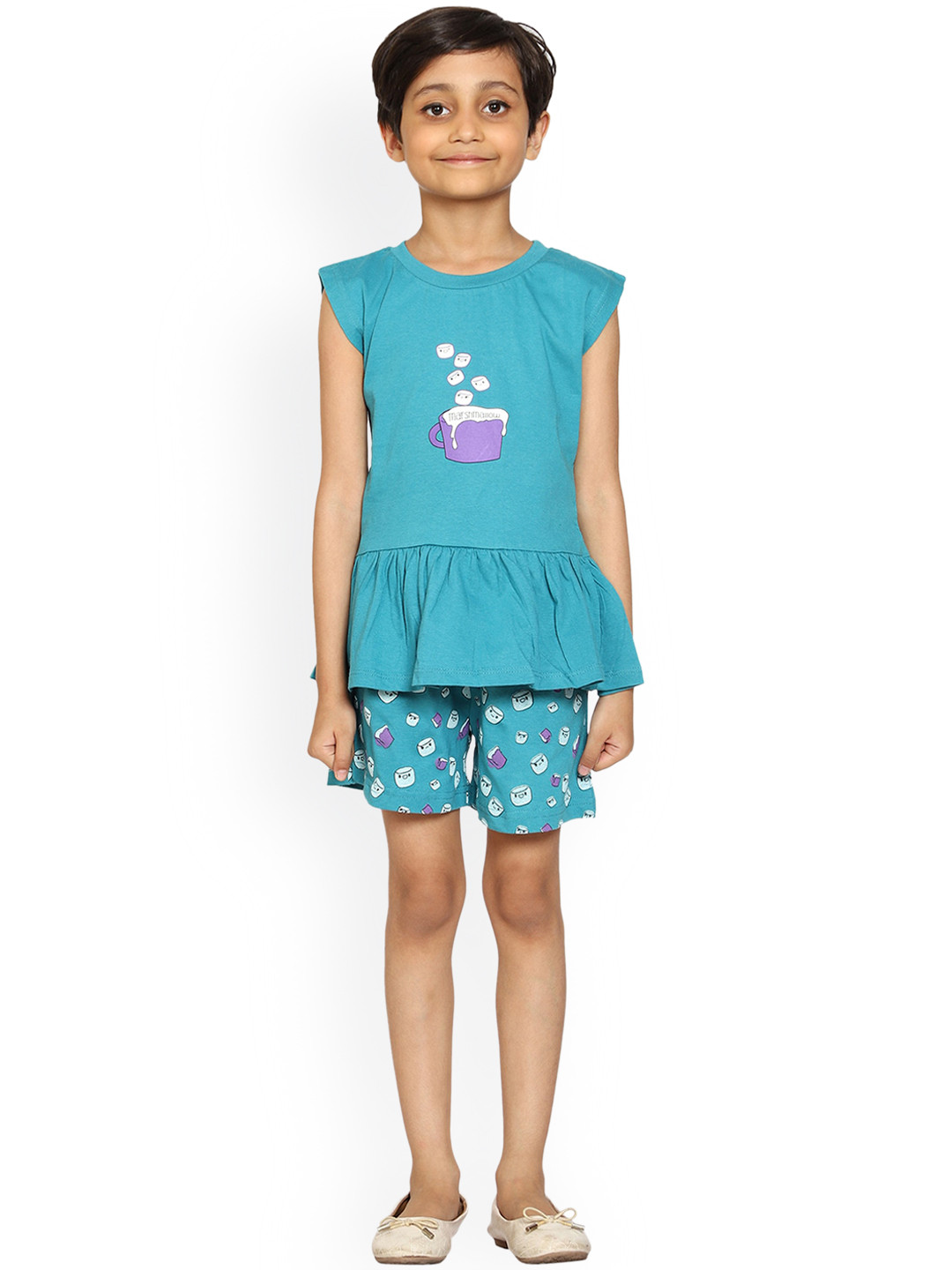 

KiddoPanti Girls Graphic Printed Pure Cotton Top with Shorts Set, Blue