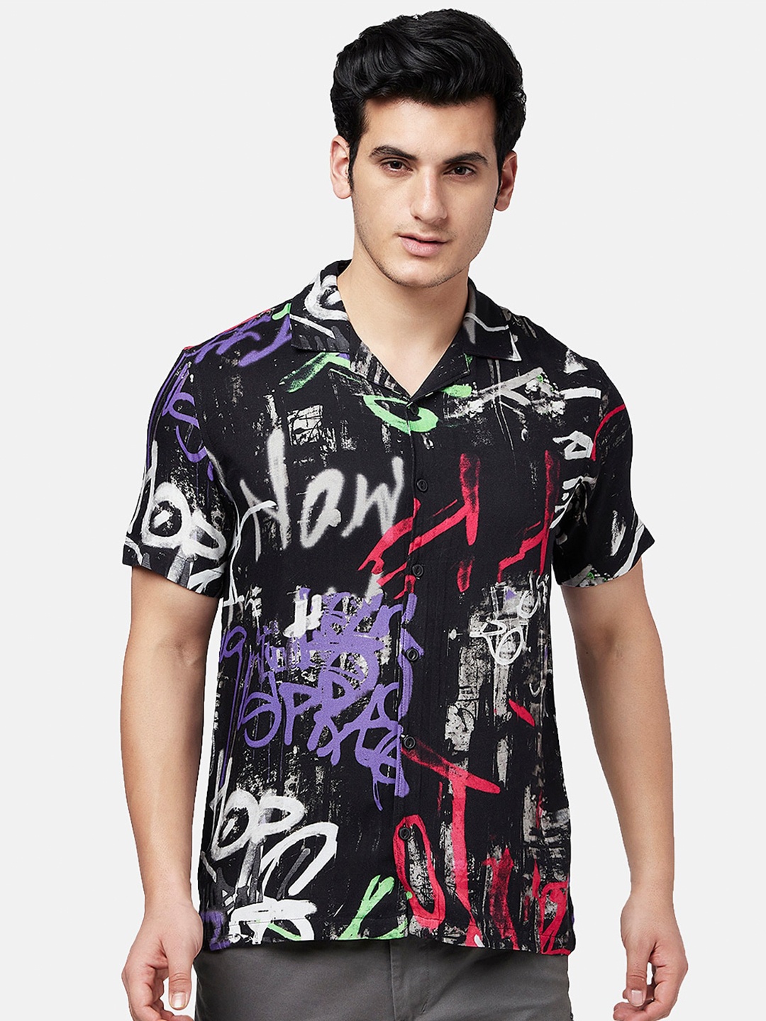 

People Men Slim Fit Abstract Printed Casual Shirt, Black