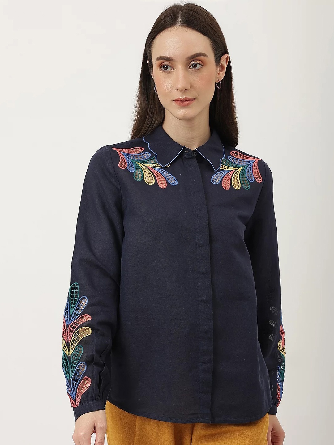 

Marks & Spencer Women Embroidered Spread Collar Casual Shirt, Navy blue