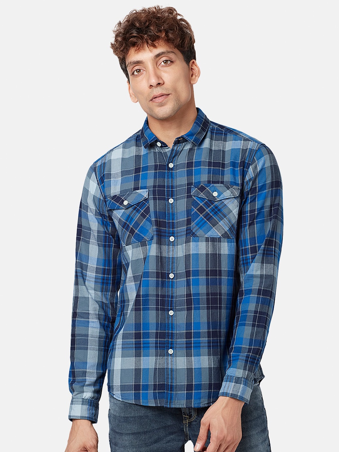 

SF JEANS by Pantaloons Slim Fit Tartan Checked Casual Cotton Shirt, Blue