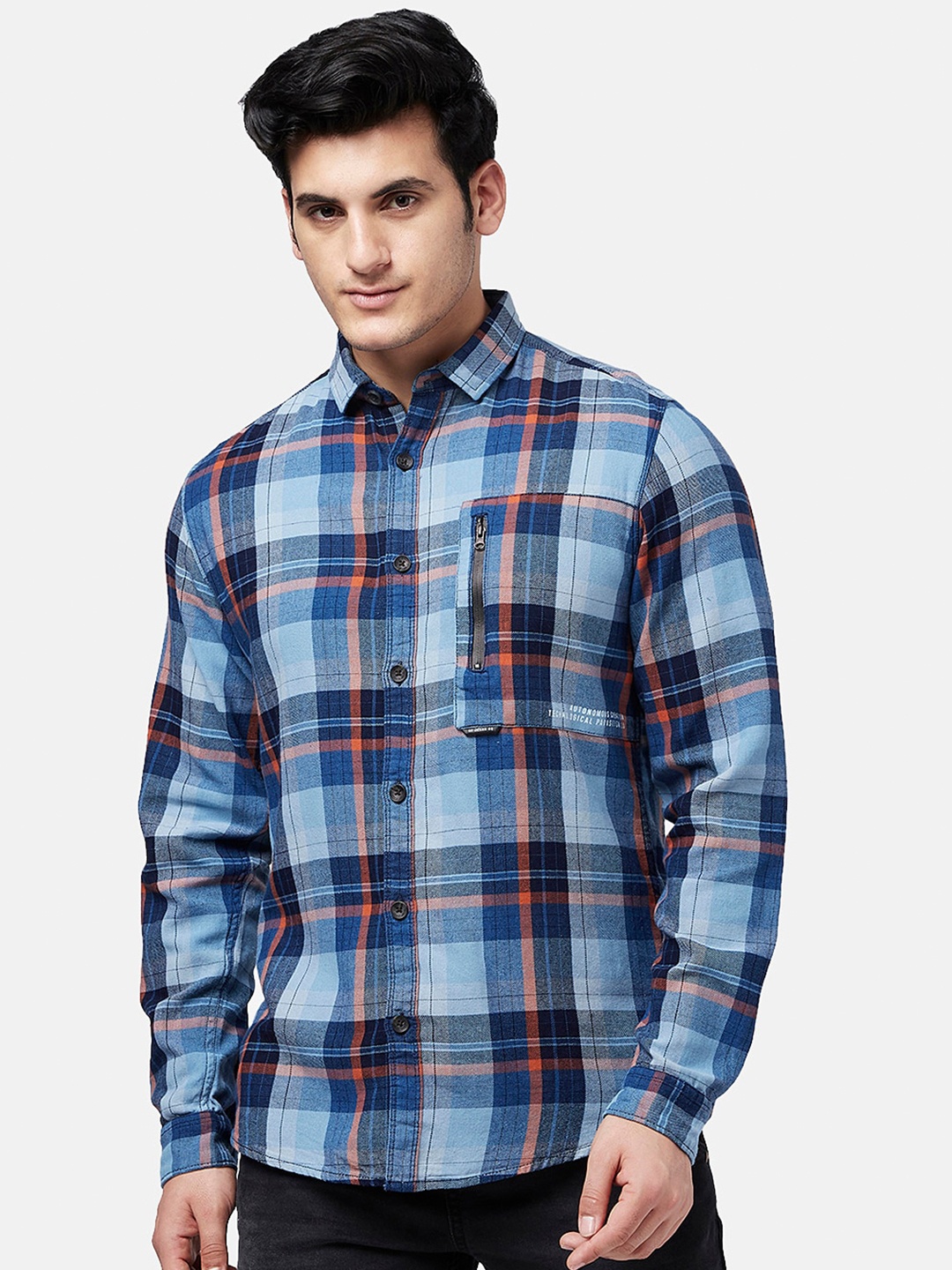 

SF JEANS by Pantaloons Slim Fit Tartan Checked Casual Cotton Shirt, Navy blue