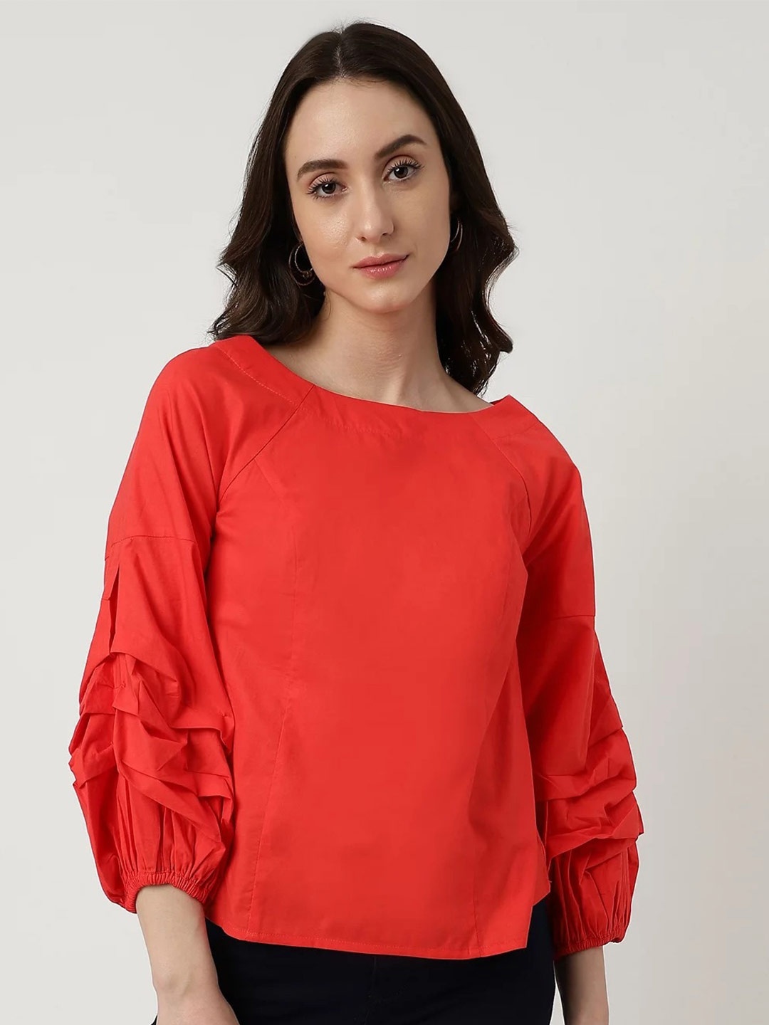 

Marks & Spencer Round Neck Puffed Sleeves Pure Cotton Top, Red