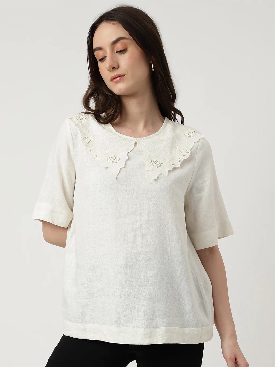 

Marks & Spencer Cut Work Above the Keyboard Collar Linen Top, Off white