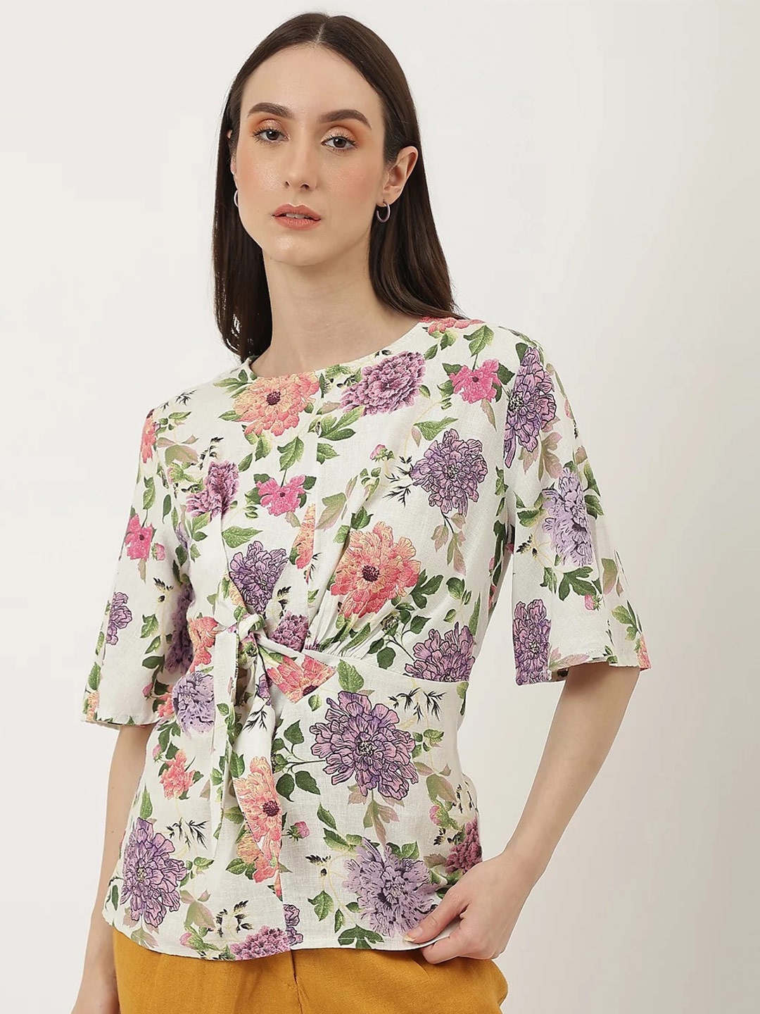 

Marks & Spencer Floral Printed Tie-Up Waist Linen Top, Beige