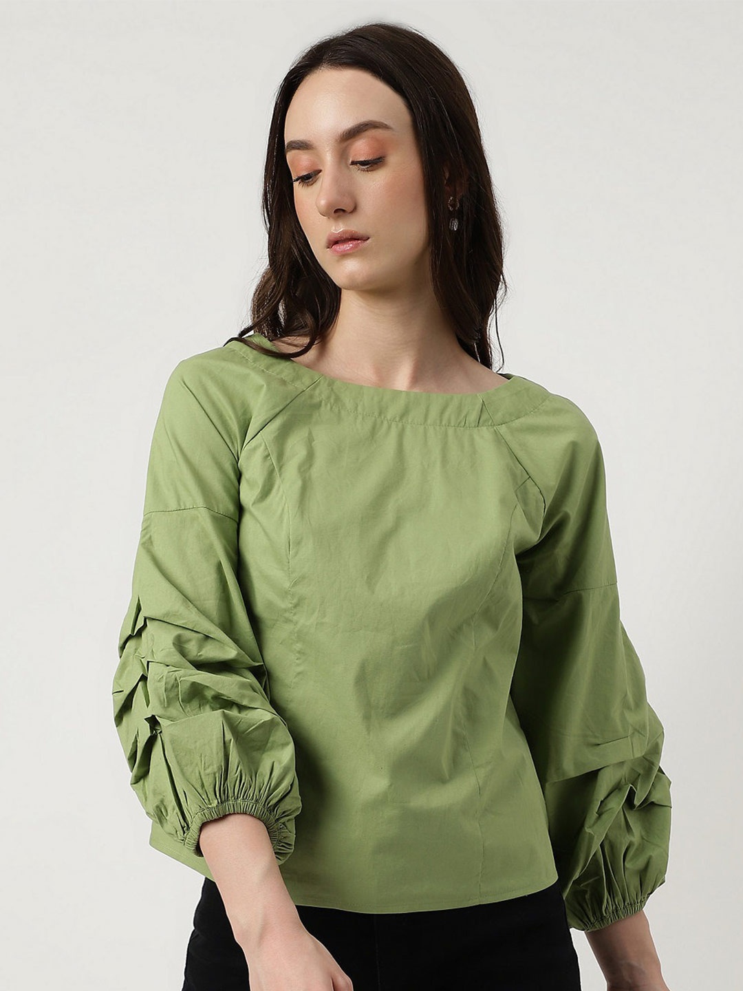 

Marks & Spencer Round Neck Puffed Sleeves Pure Cotton Top, Green
