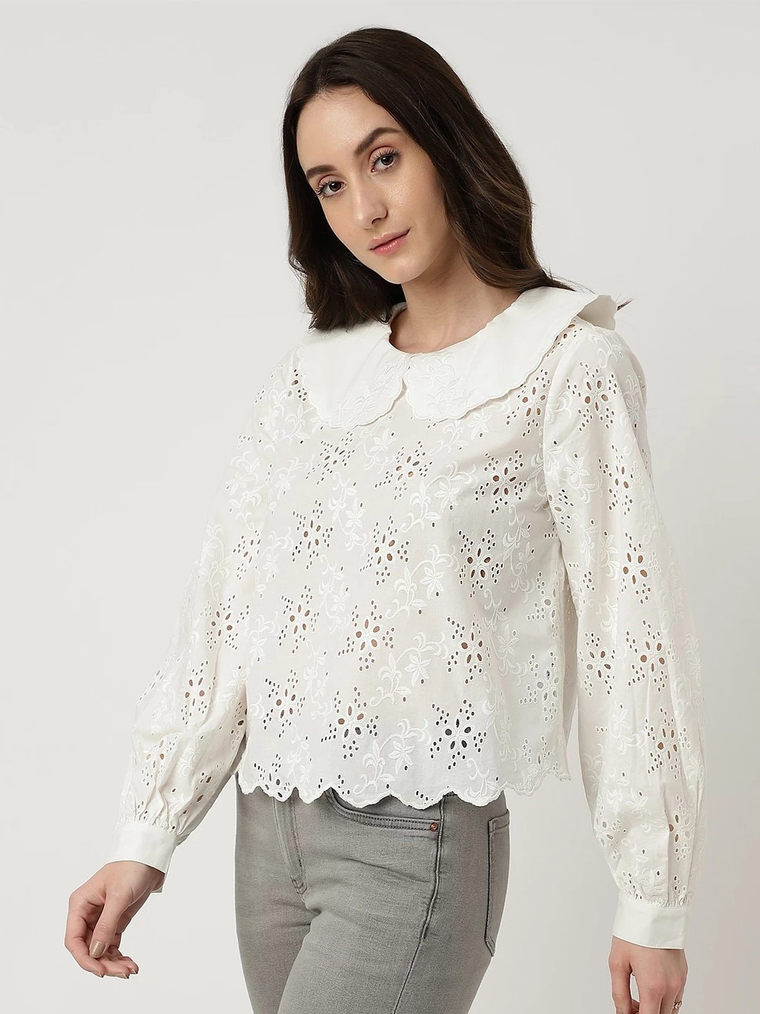

Marks & Spencer Peter Pan Collar Schiffli Pure Cotton Top, Off white