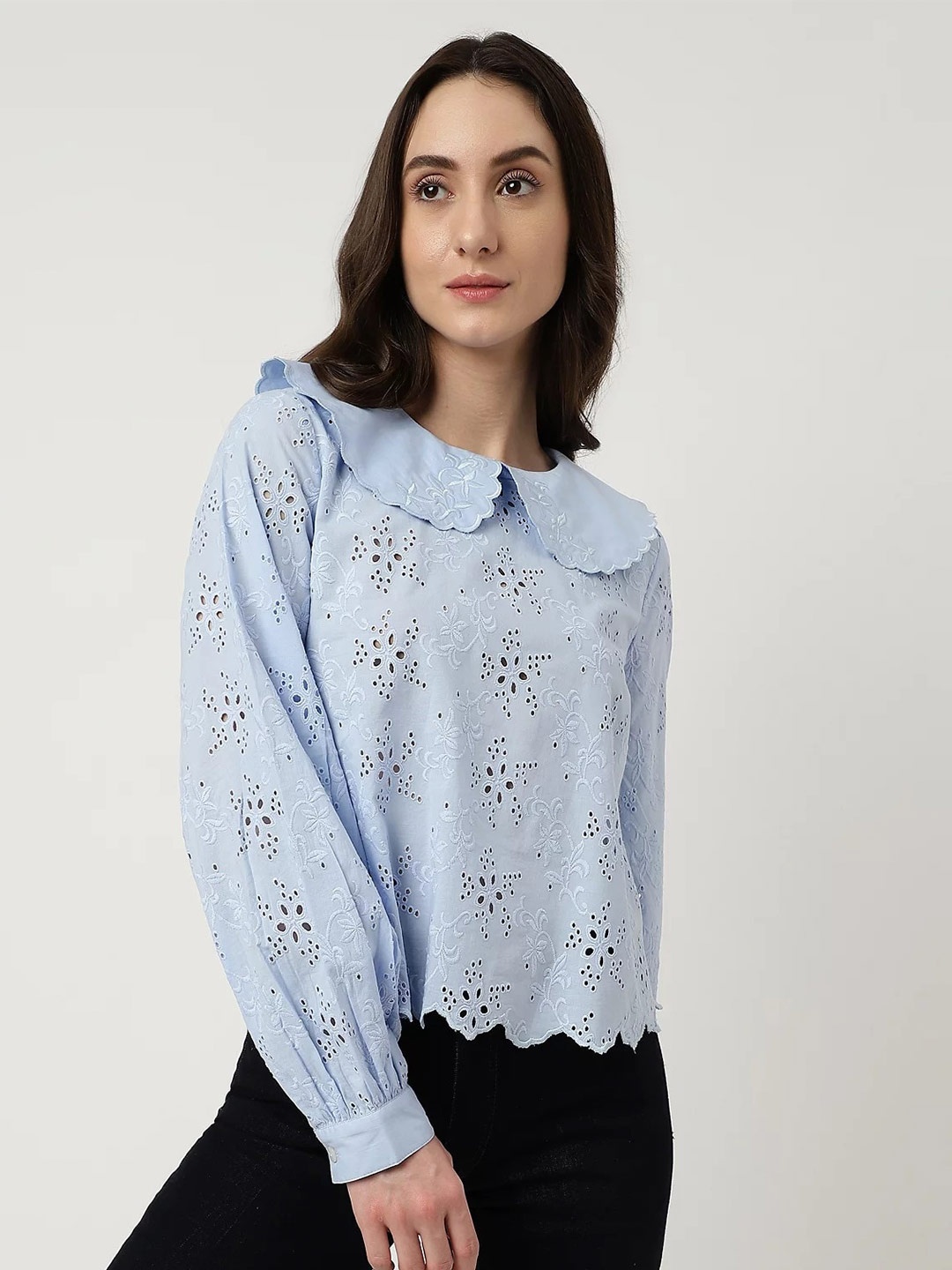 

Marks & Spencer Peter Pan Collar Schiffli Pure Cotton Top, Blue