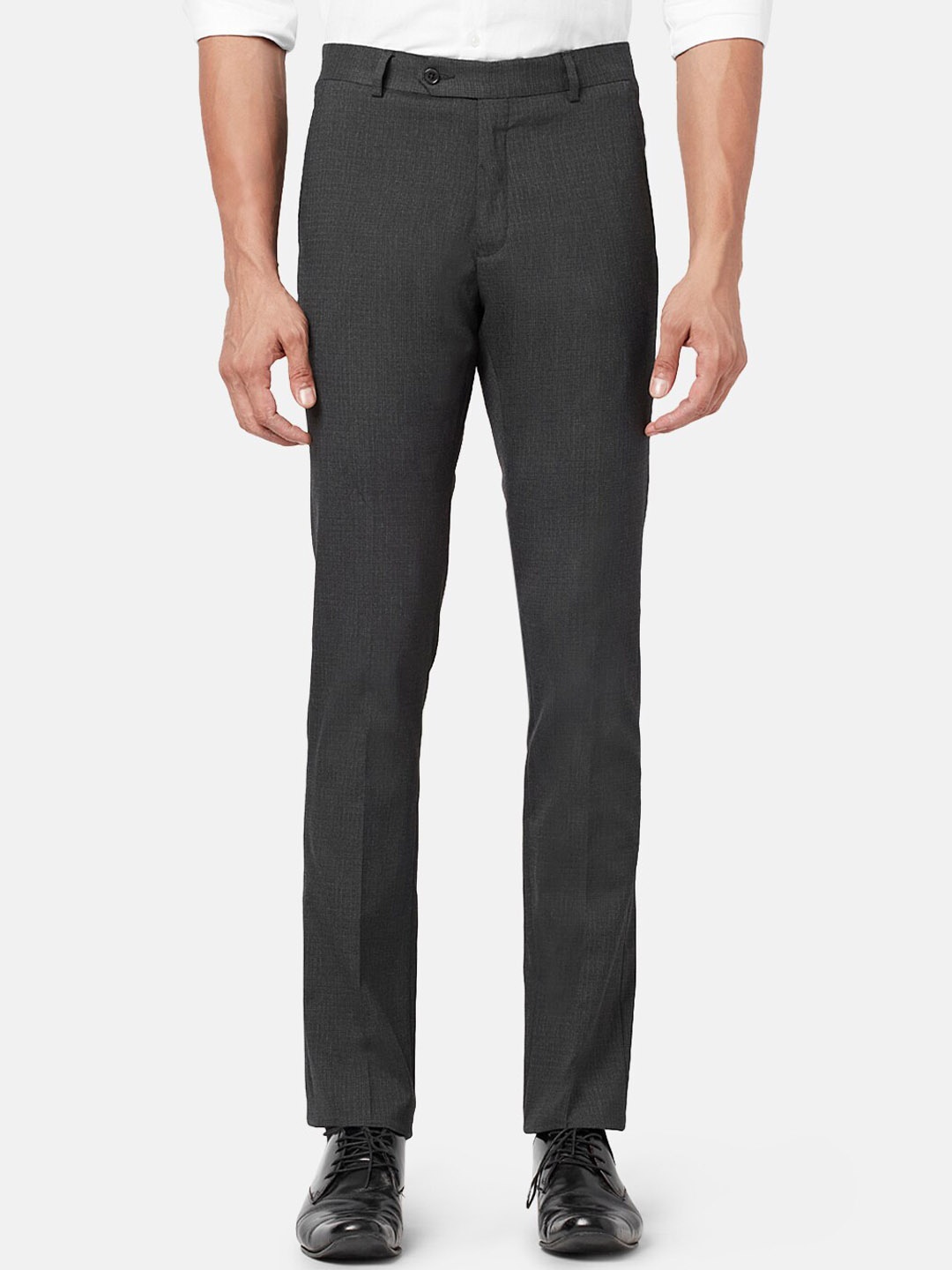 

BYFORD by Pantaloons Men Textured Slim Fit Low-Rise Formal Trousers, Charcoal