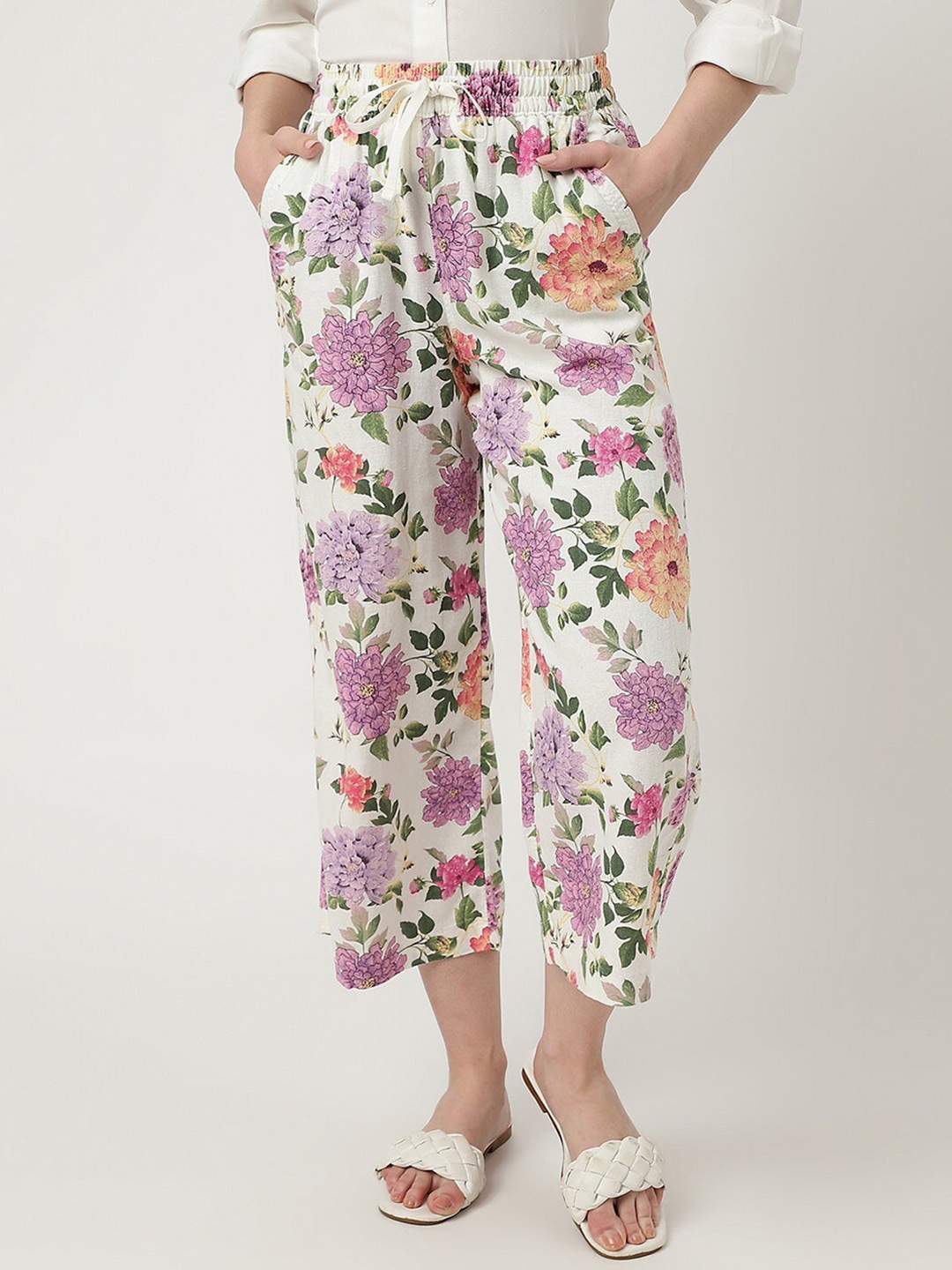 

Marks & Spencer Women Floral Printed Straight Fit High-Rise Culottes Trousers, White