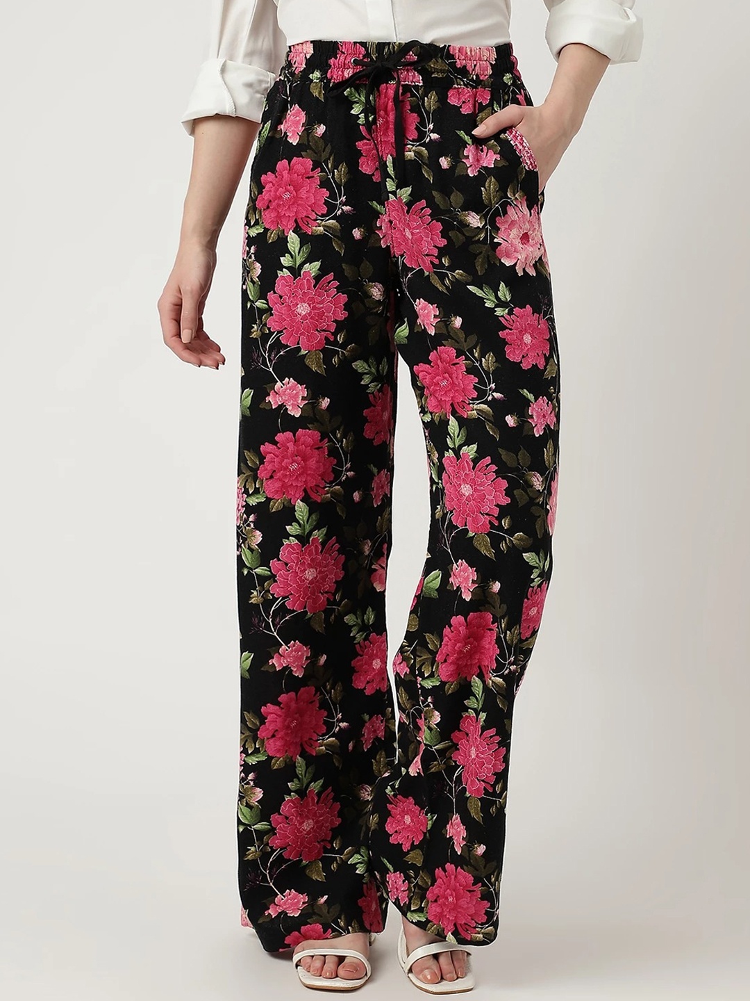 

Marks & Spencer Women Black Floral Printed Straight Fit High-Rise Trousers