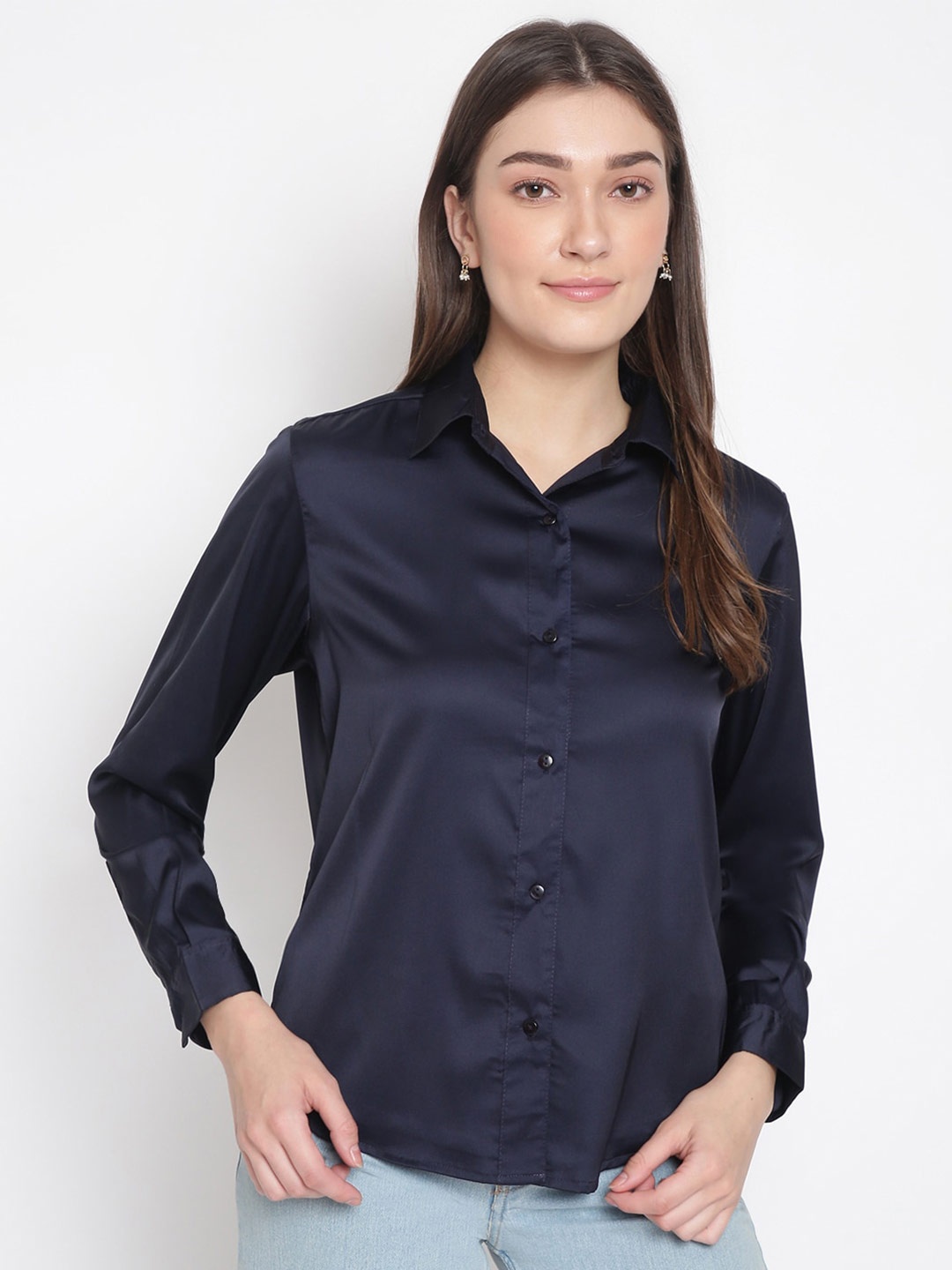 

DUDITI Spread Collar Classic Casual Satin Shirt, Blue