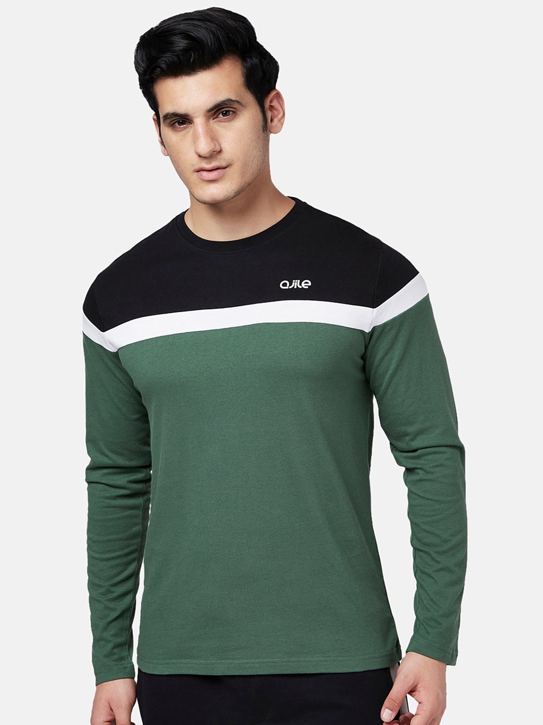 

Ajile by Pantaloons Colourblocked Slim Fit Cotton T-shirt, Green