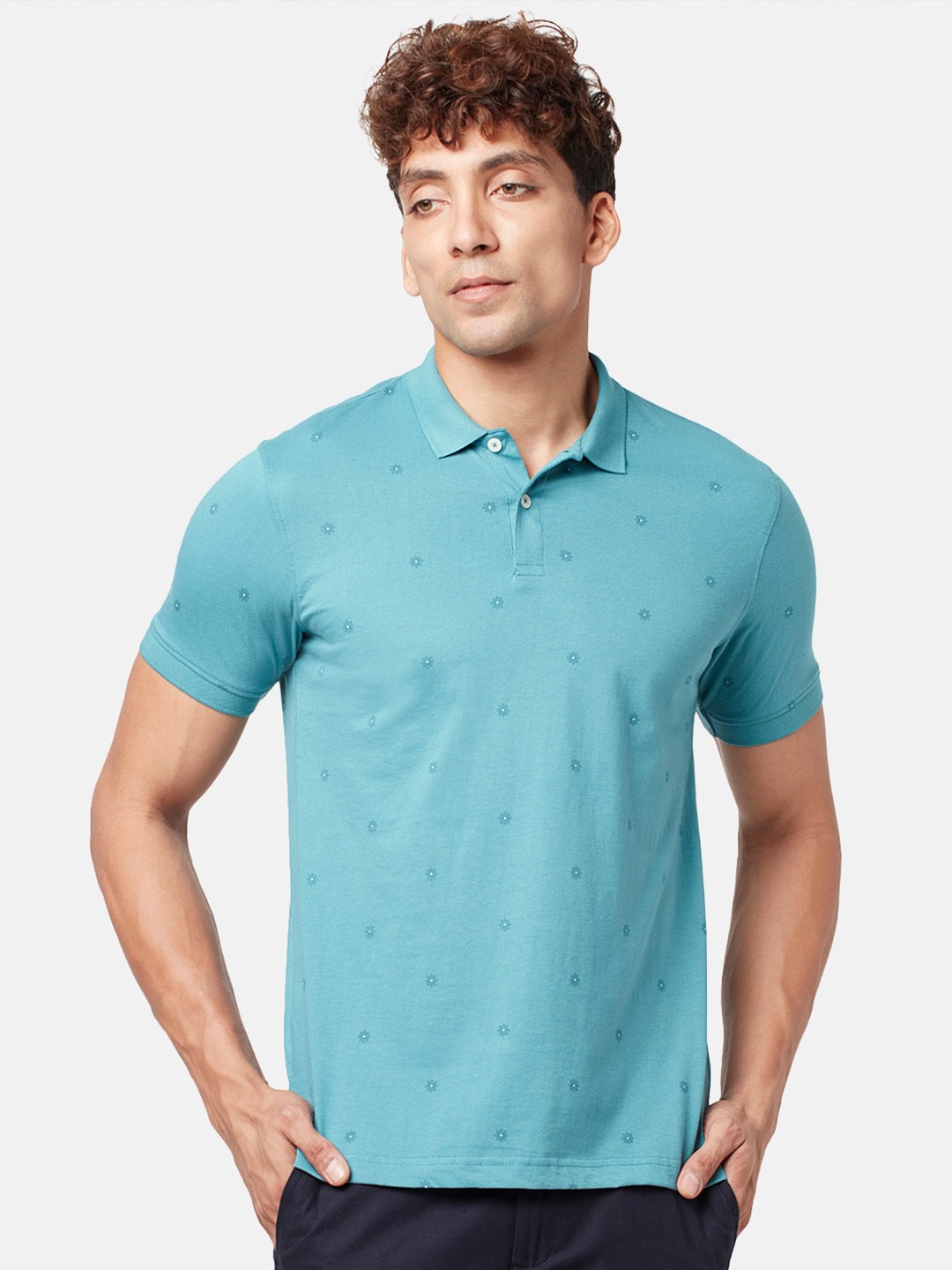 

BYFORD by Pantaloons Men Graphic Printed Polo Collar Slim Fit Cotton T-shirt, Teal