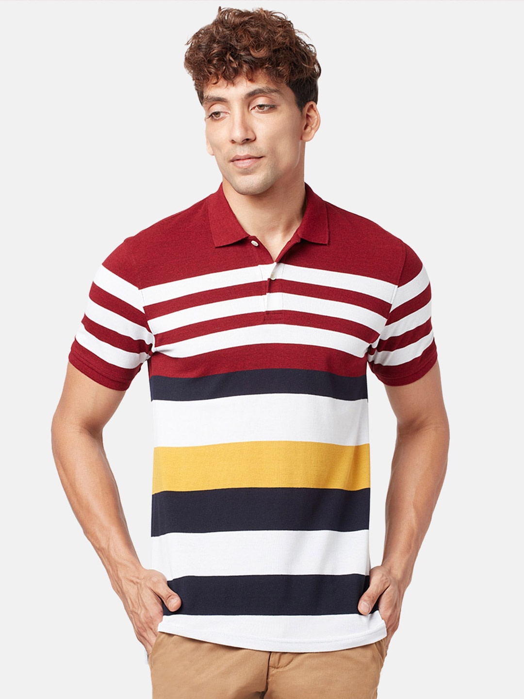 

BYFORD by Pantaloons Men Striped Cotton T-shirt, Maroon