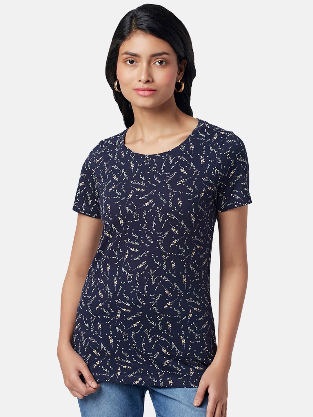 

Honey by Pantaloons Women Floral Printed Cotton T-shirt, Navy blue