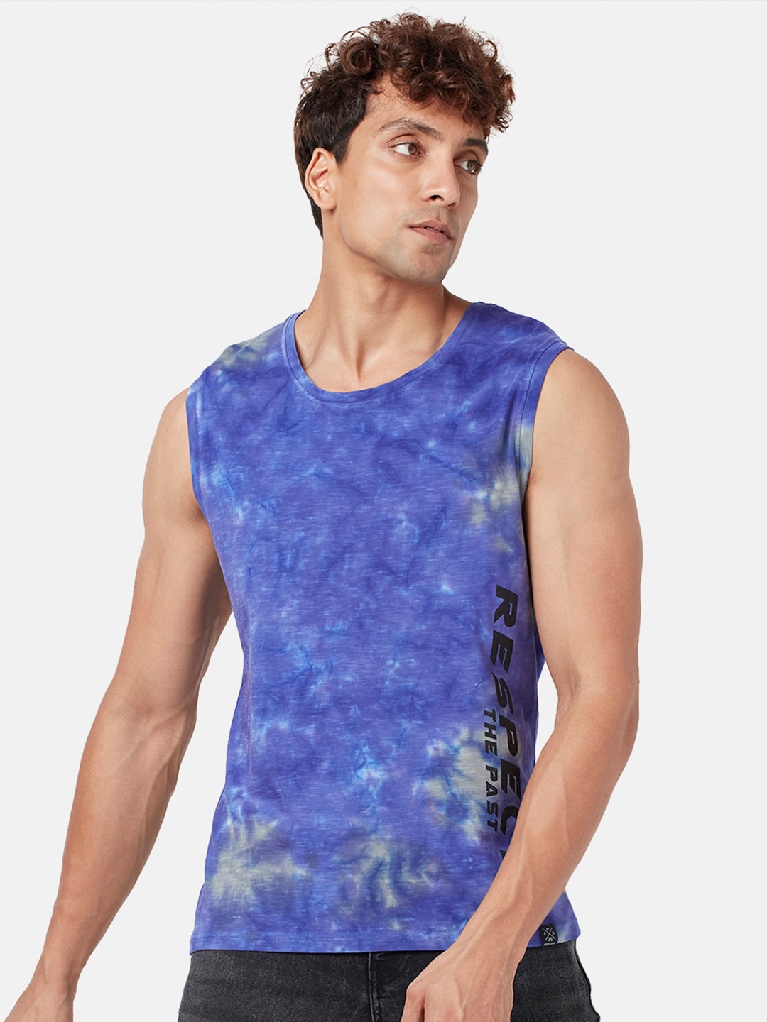 

People Men Dyed Round Neck Sleeveless Slim Fit Cotton T-shirt, Blue