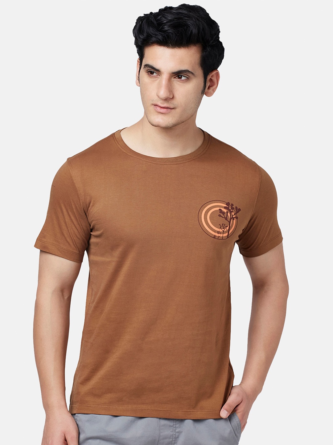 

Urban Ranger by pantaloons Round Neck Cotton Slim Fit T-shirt, Brown