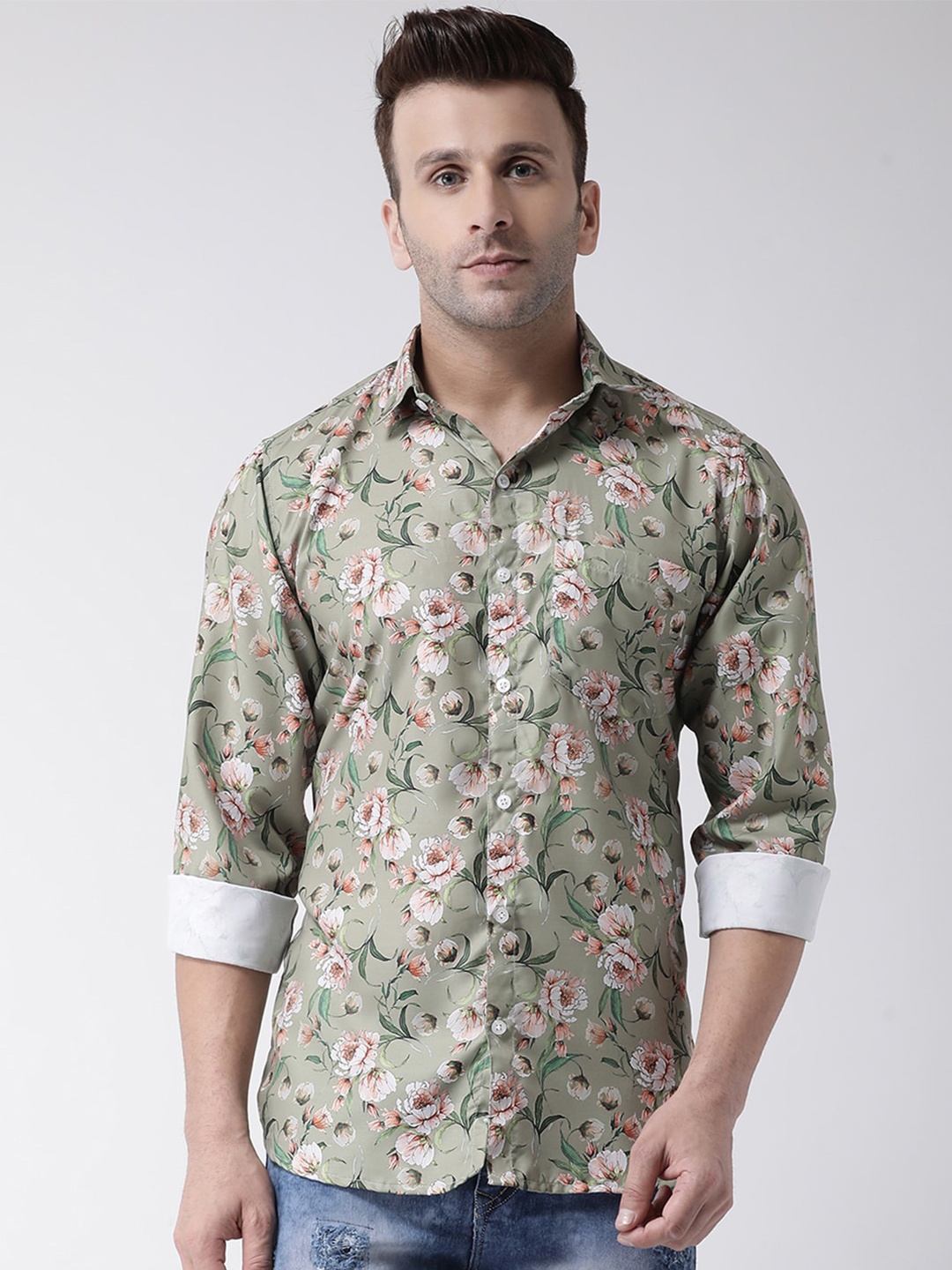 

Hangup Floral Printed Slim Fit Casual Shirt, Green