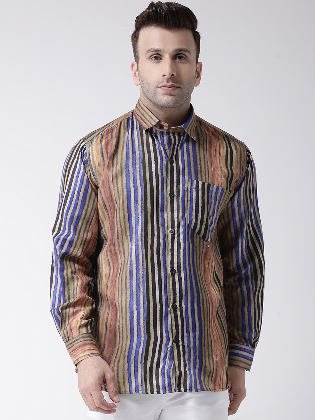

Hangup Men Slim Fit Vertical Striped Casual Shirt, Brown