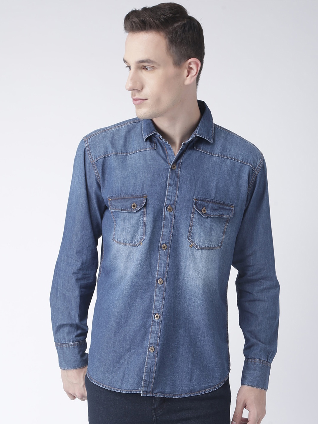 

Hangup Men Slim Fit Faded Casual Denim Shirt, Blue