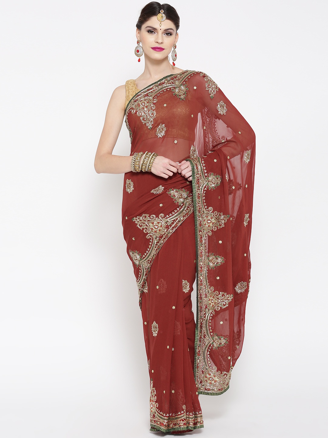 

Chhabra 555 Rust Red Embellished Pure Georgette Saree