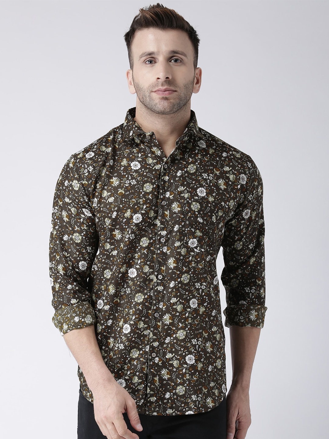 

Hangup Floral Printed Slim Fit Casual Shirt, Olive