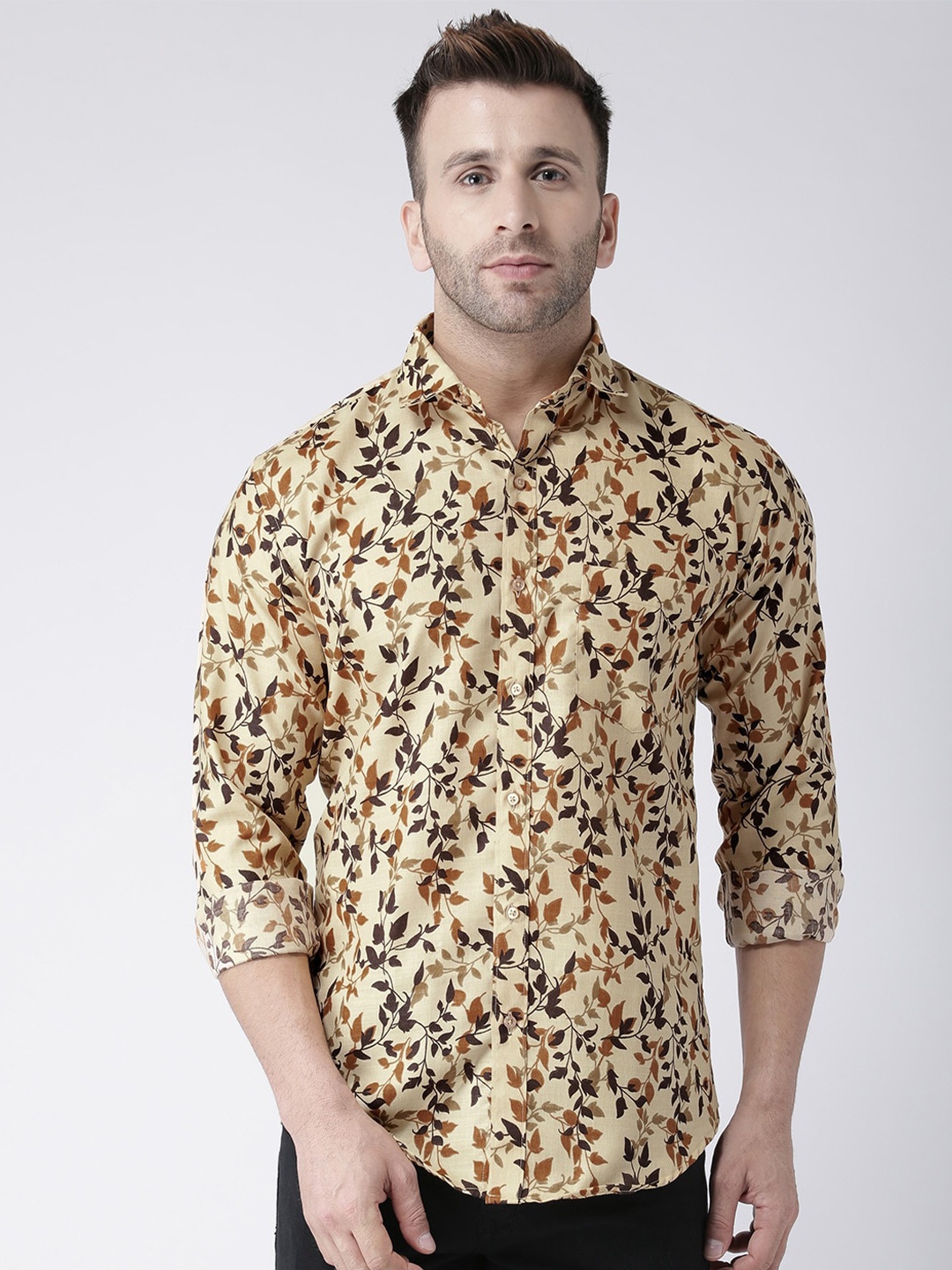 

Hangup Men Floral Printed Slim Fit Casual Shirt, Beige