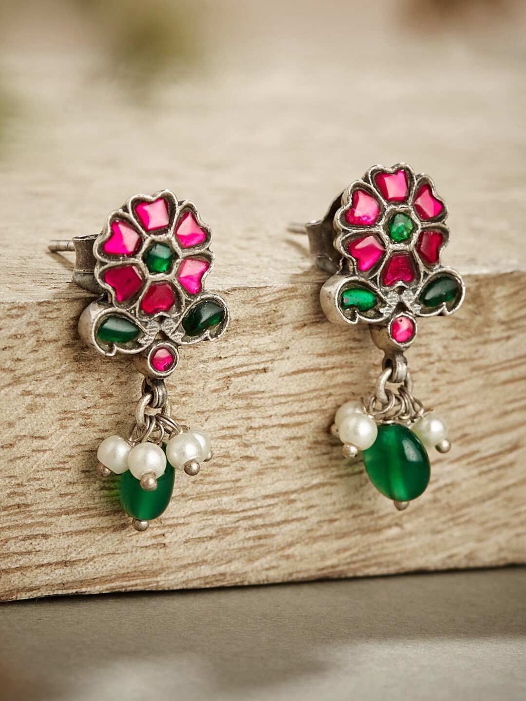 

Fabindia Silver-Plated Floral Drop Earrings, Pink
