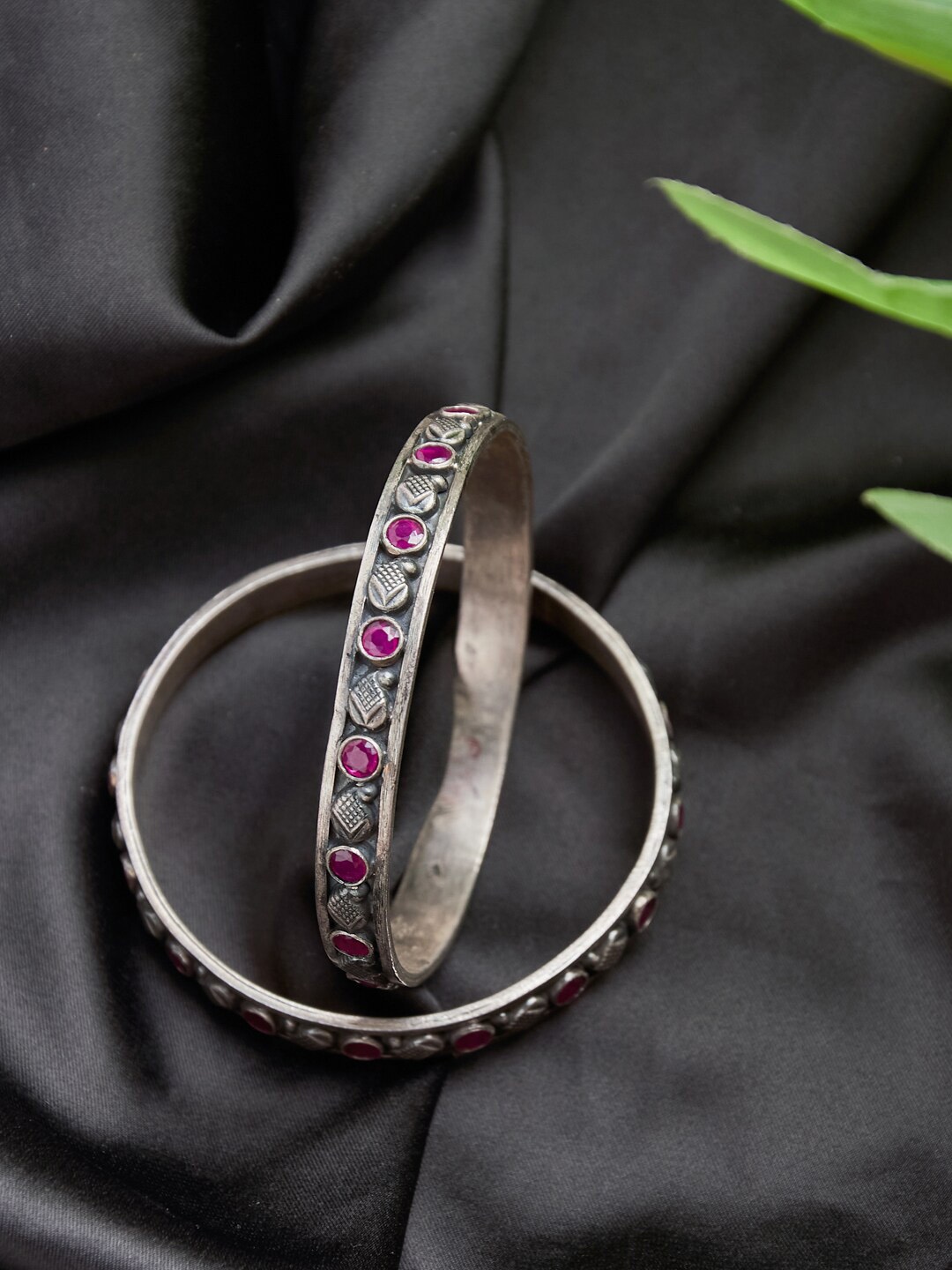 

Fabindia Set of 2 925 Sterling Silver Stone Studded Bangles, Pink