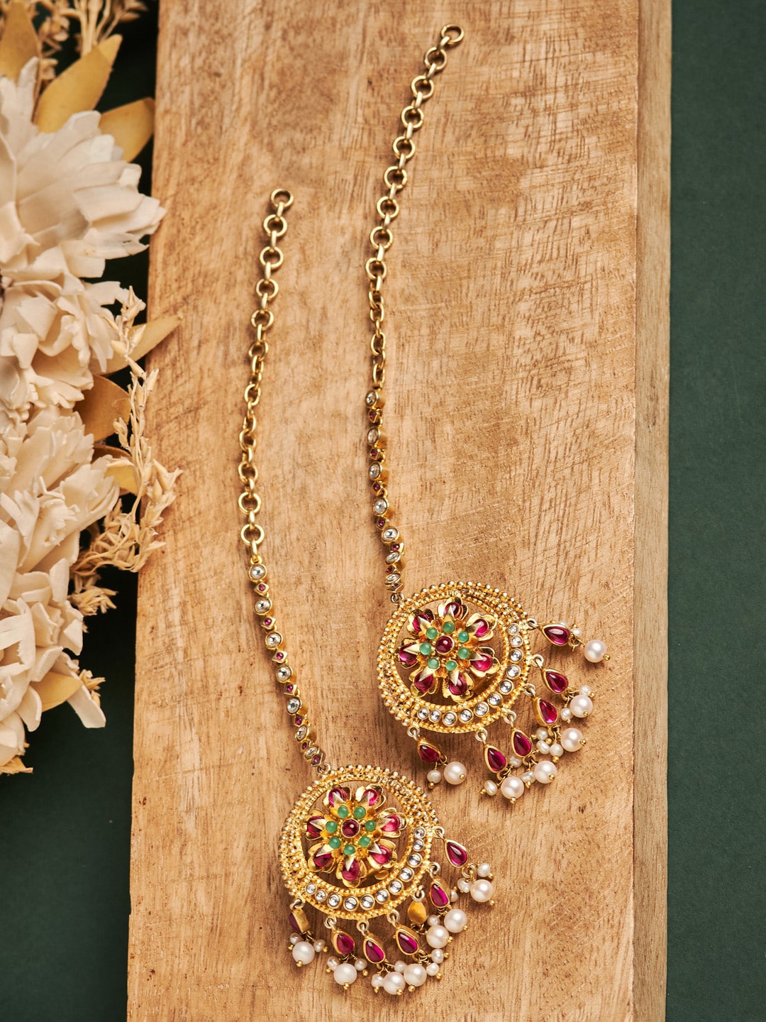 

Fabindia Gold-Plated Floral Chandbalis Earrings, Red