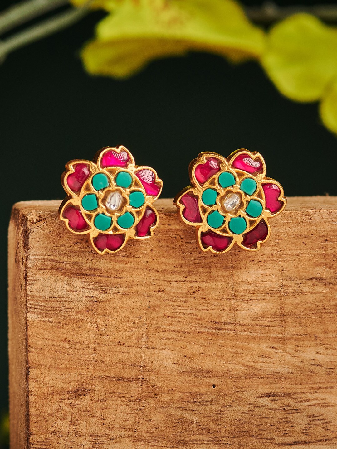 

Fabindia Silver Gold-Plated Floral Studs Earrings, Green