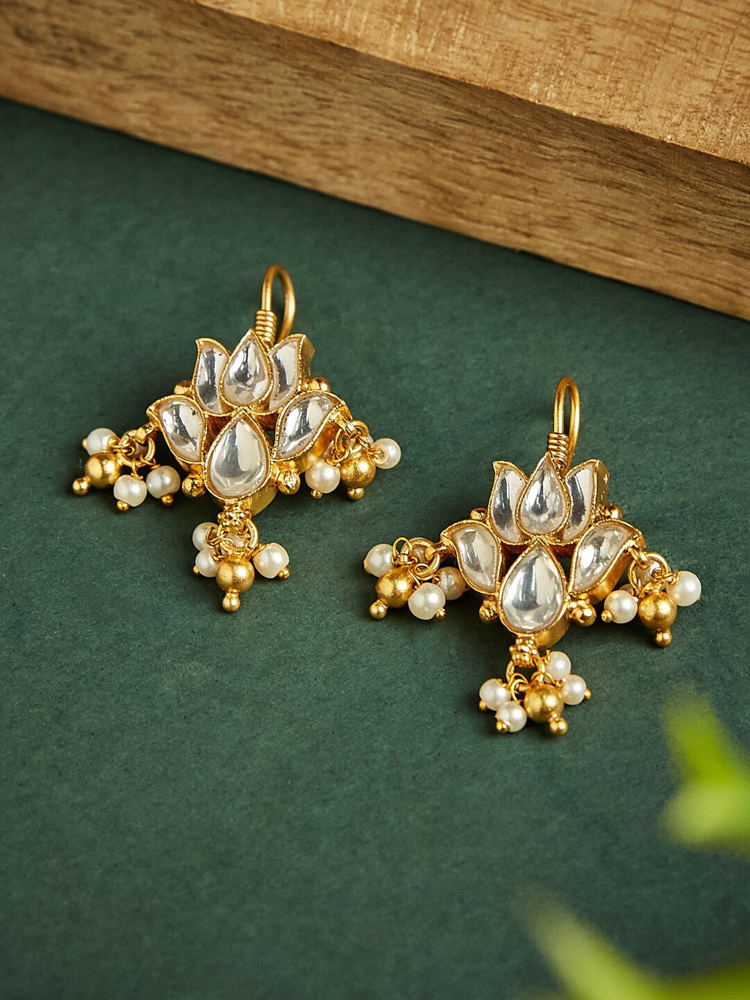 

Fabindia Silver Gold-Plated Kundan Studded Floral Drop Earrings
