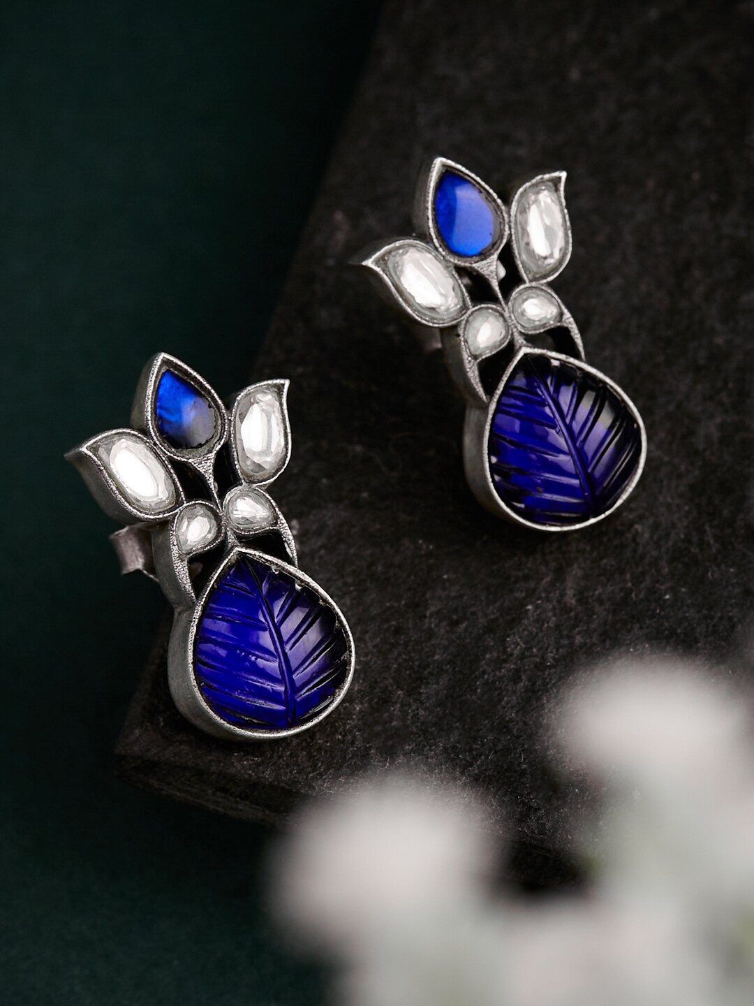 

Fabindia Silver-Plated Leaf Shaped Drop Earrings, Blue