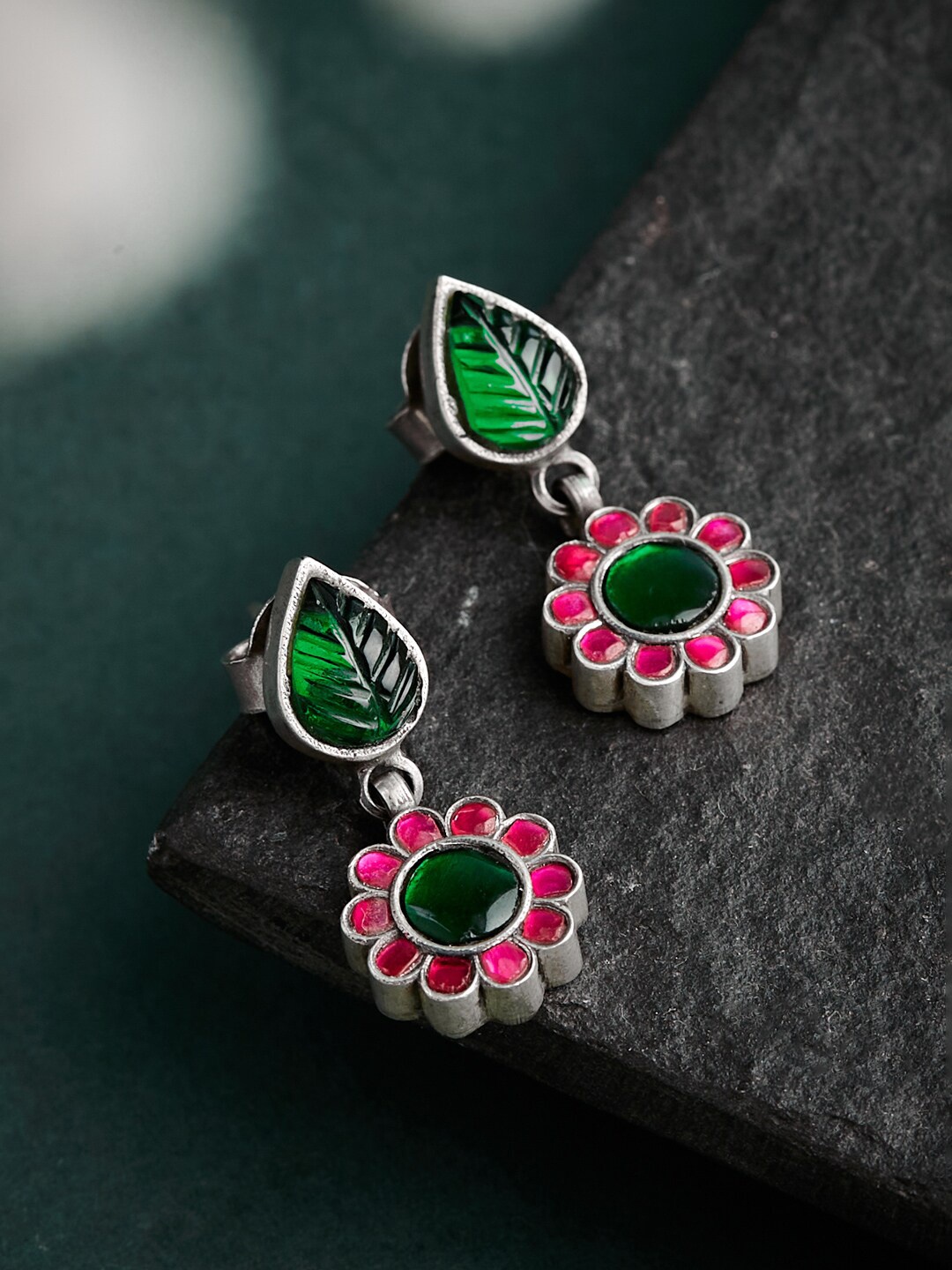 

Fabindia Silver -Plated Leaf Shaped Drop Earrings, Pink