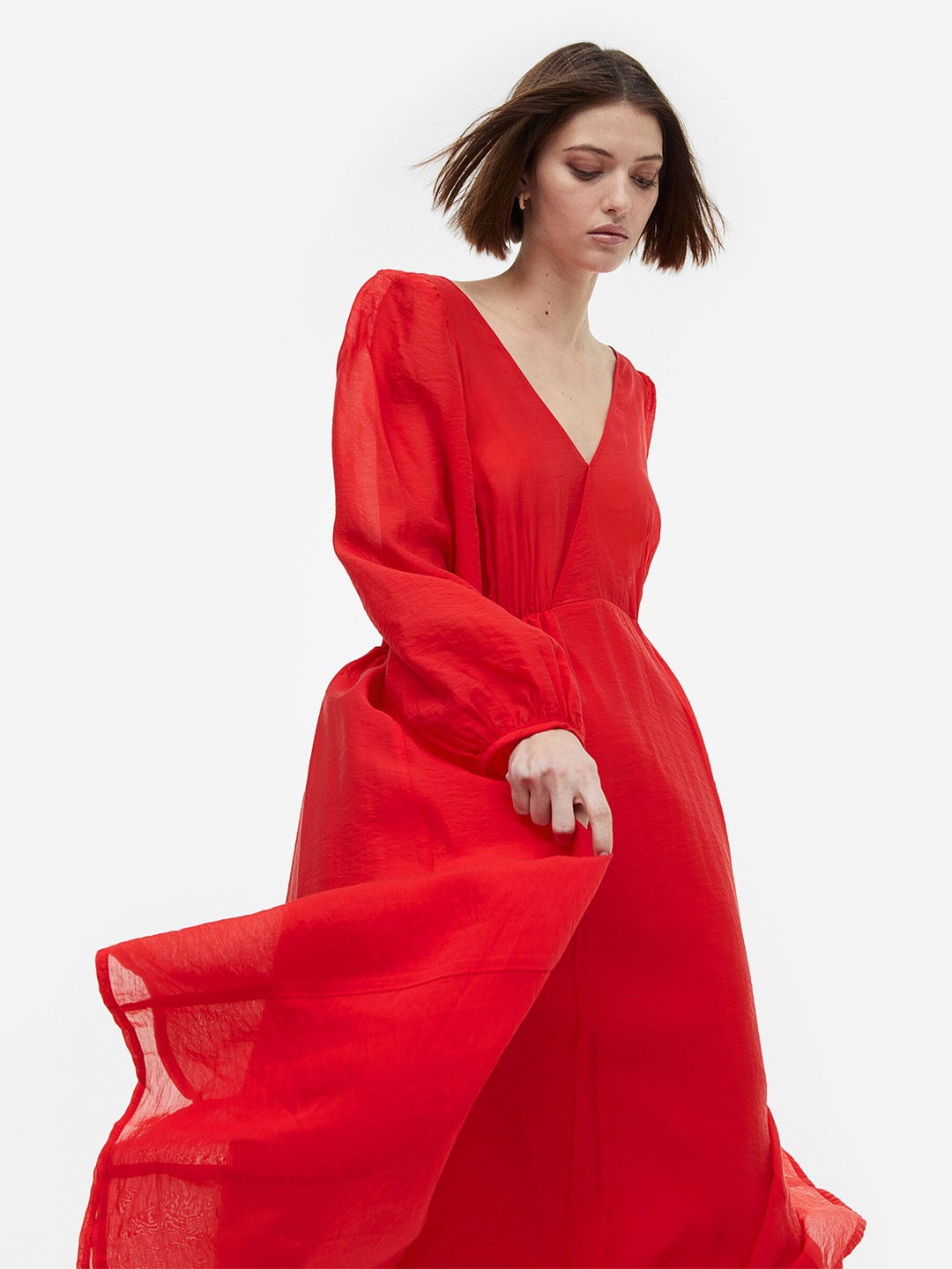 

H&M Woman Balloon-Sleeved V-Neck Dress, Red