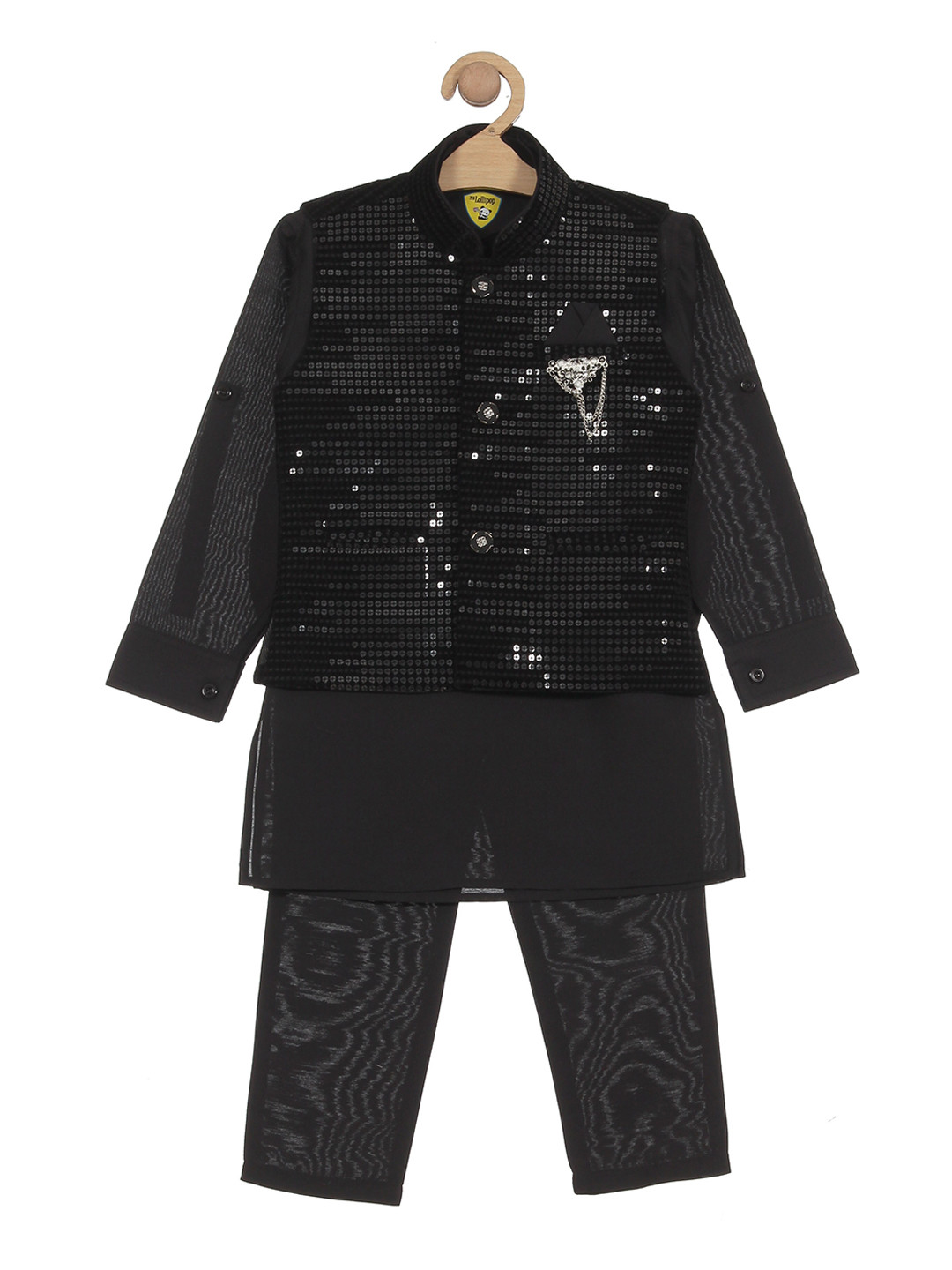 

Lil Lollipop Boys Sequinned Kurta With Pyjamas With Nehru Jacket, Black