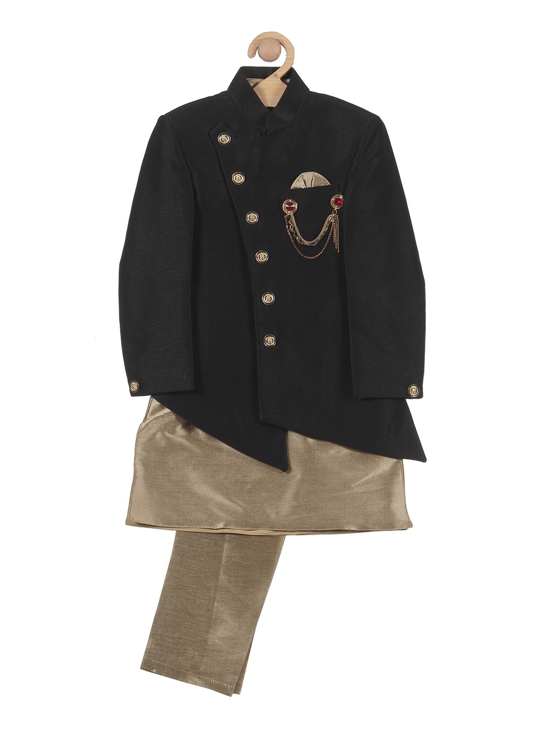 

Lil Lollipop Boys Mandarin Collar Long Sleeves Kurta with Pyjamas & Jacket, Gold
