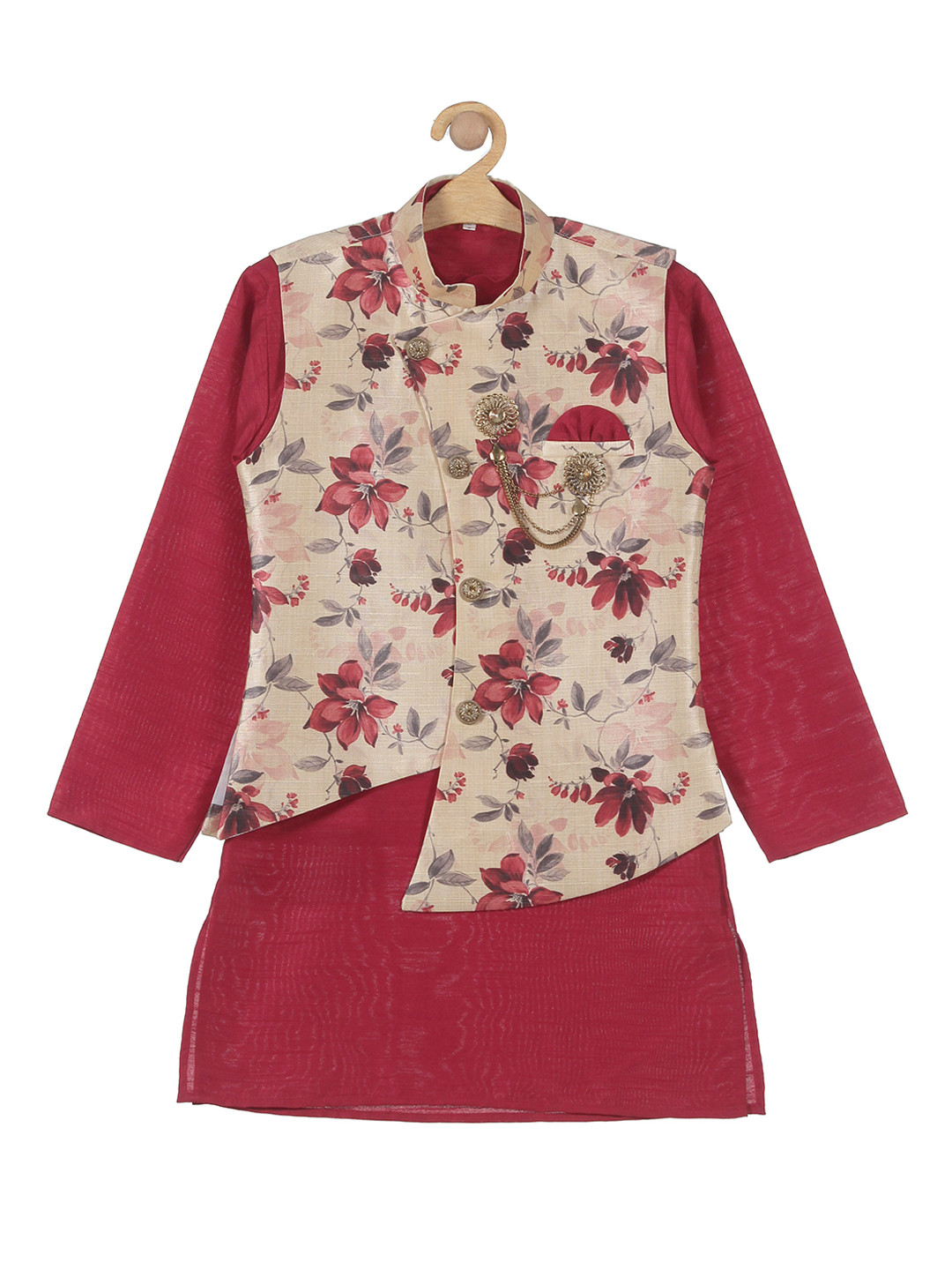 

Lil Lollipop Boys Floral Kurta & Pyjamas With Nehru Jacket, Maroon