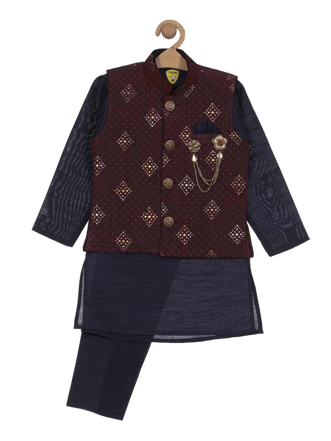 

Lil Lollipop Boys Mandarin Collar Kurta With Pyjamas & Nehru Jacket, Navy blue